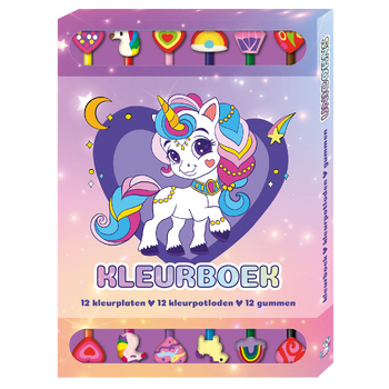 Kleurboek Box met 12 potloden en gummen - Unicorns (Paperback) bij Singel 344