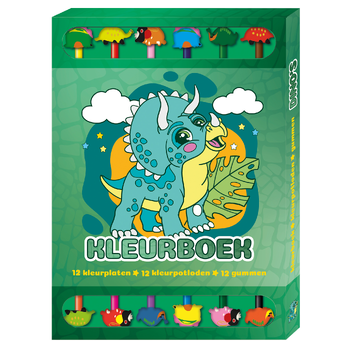 Kleurboek Box met 12 potloden en gummen - Dino's (Paperback) bij Singel 344